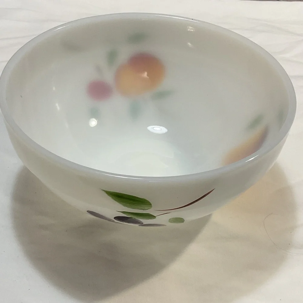 Fire King White Milk Glass Bowl with Orange, Pink and Green Fruit Motif